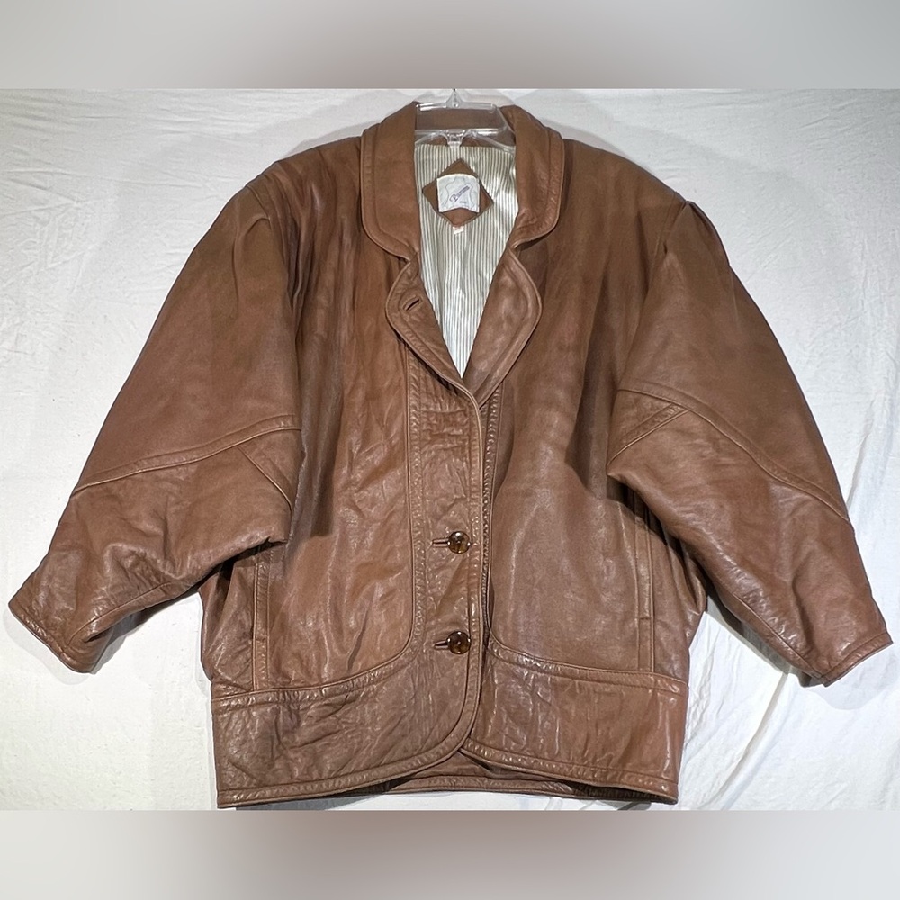 Vintage Leather Jacket Italian 1980s Caramel Brown Overcoat Trench "Parami" 36